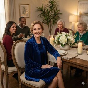 PICADILLY  Blue Velvet Skirt Set Open Front Long Line Jacket Pencil Skirt Sz S/M